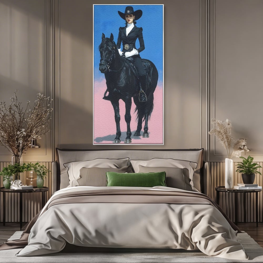 Tablou canvas cu tablou canvas cu femeie calare pe armasar, in rama de aluminiu argintiu, pe perete intr-un dormitor